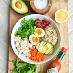 Healthy chicken and soft boiled egg protein bowl for nutritious meals