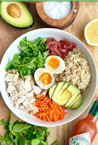Healthy chicken and soft boiled egg protein bowl for nutritious meals