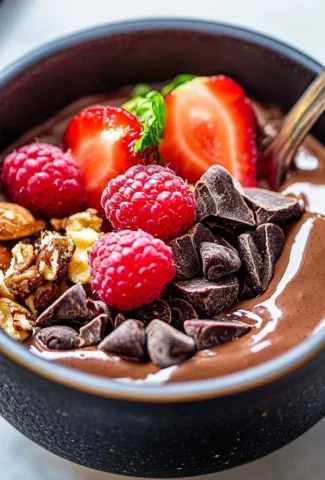 Delicious bowl of chocolate protein pudding topped with fresh berries.