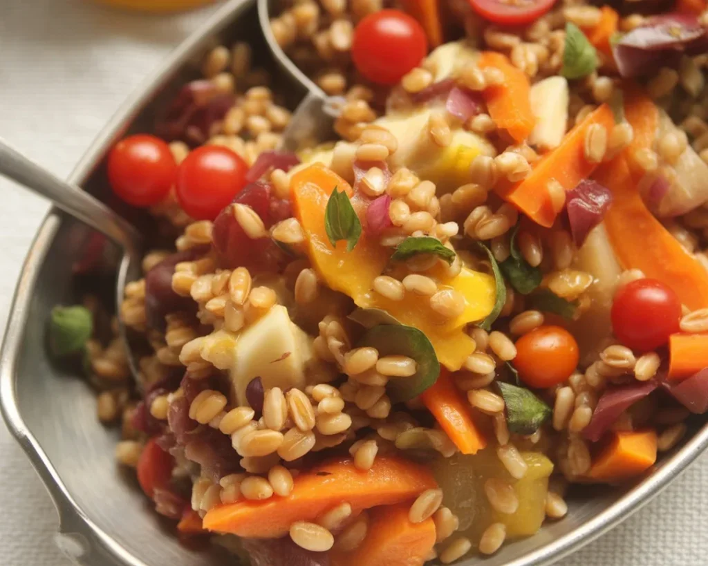 Hearty Farro Bowl with Roasted Vegetables and a balsamic drizzle