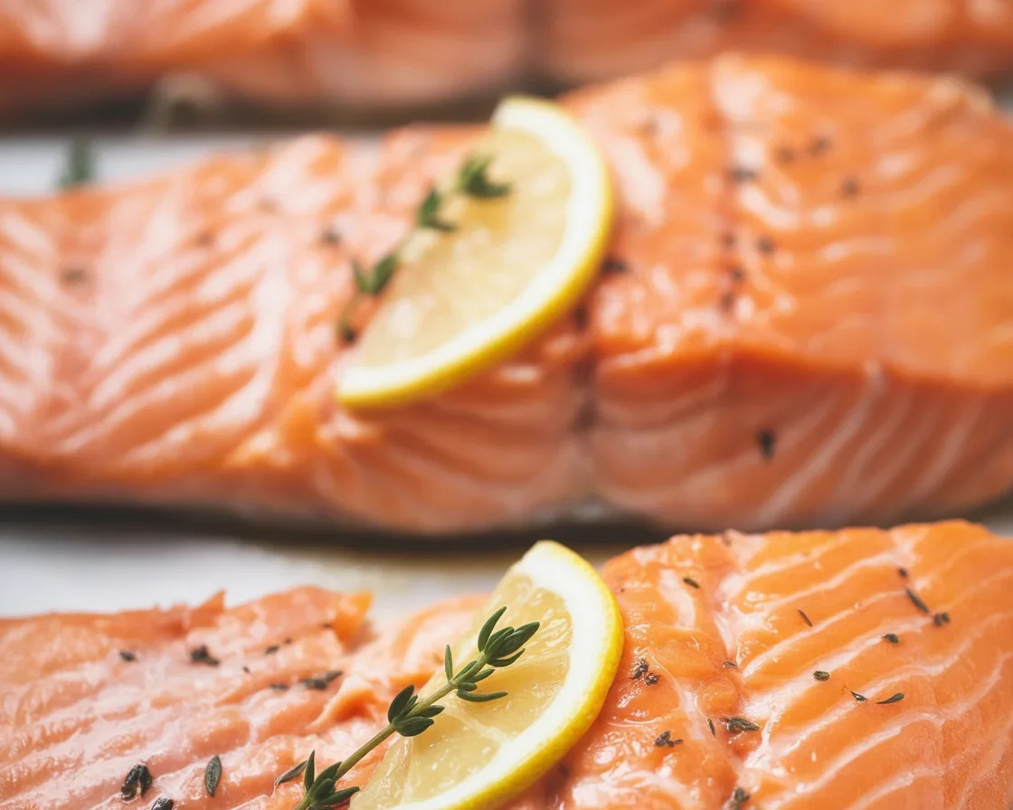 Perfectly cooked salmon fillets on a plate with lemon and herbs