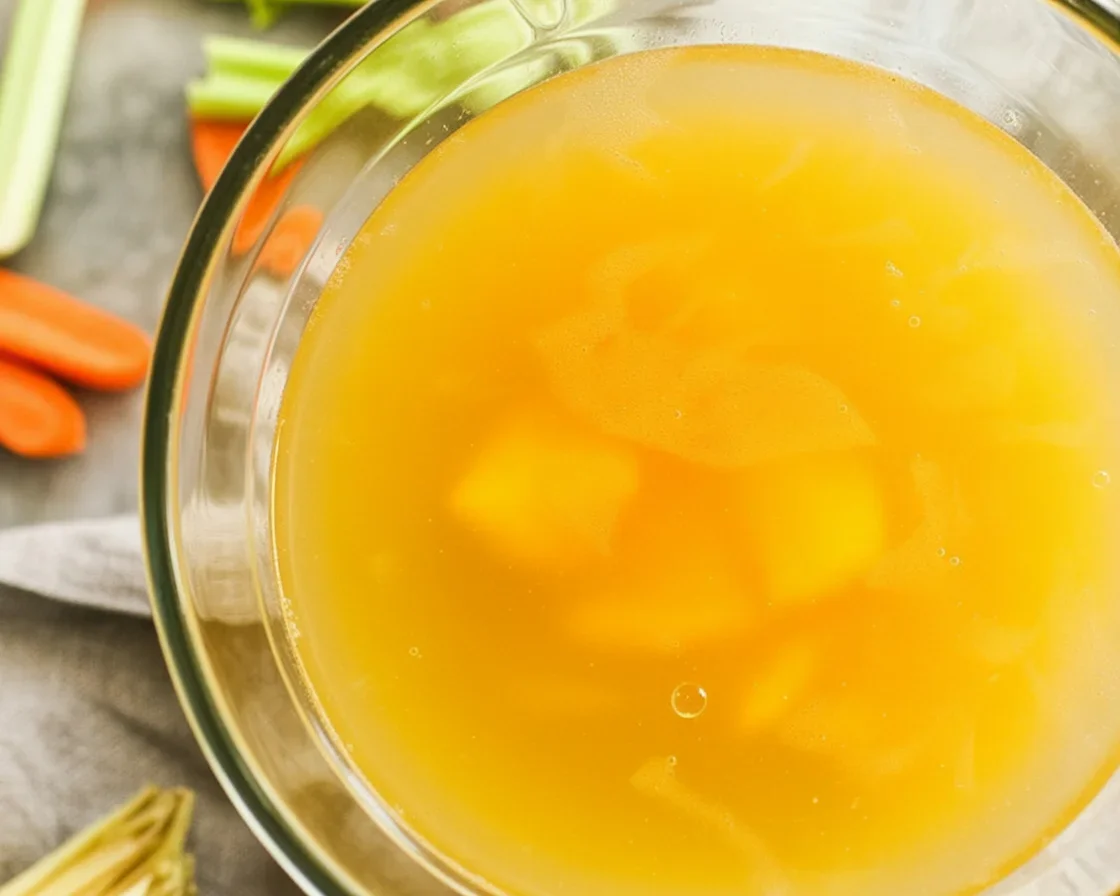 Quick homemade chicken stock simmering with chicken and vegetables on the stove.