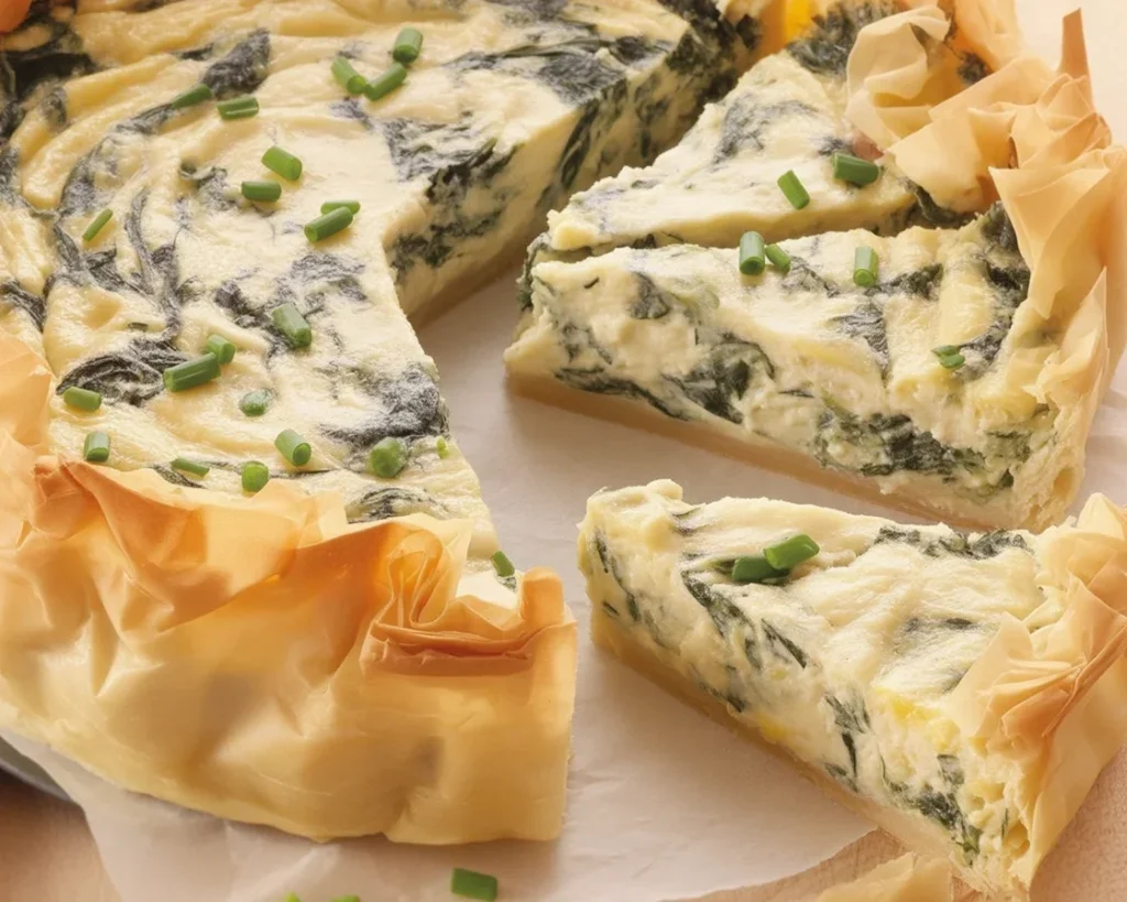 A delicious Salmon and spinach filo cottage cheese quiche garnished with chives.