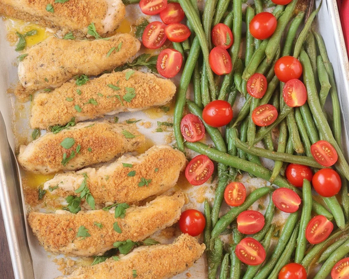 Oven-baked Sheet Pan Chicken Tenderloin with roasted vegetables.