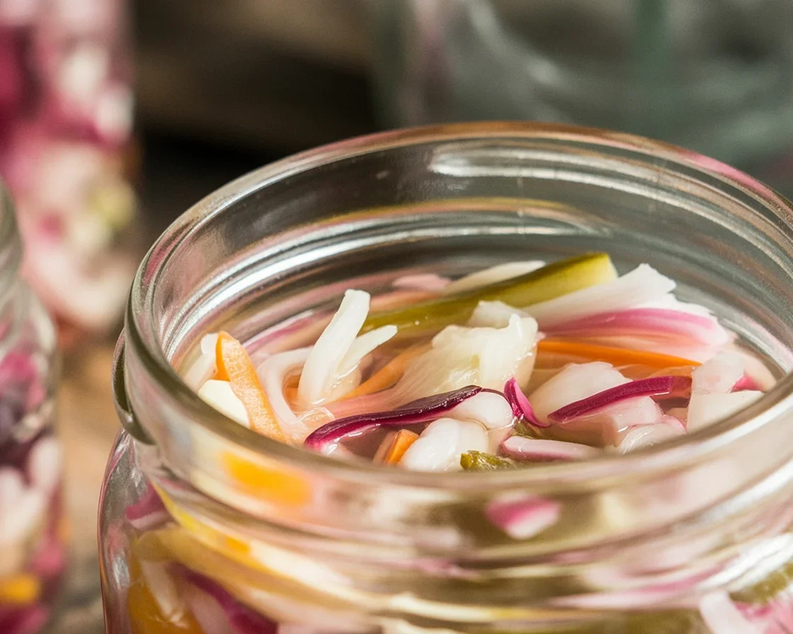 Bowl of quick pickled slaw made from fresh cabbage and vibrant spices.
