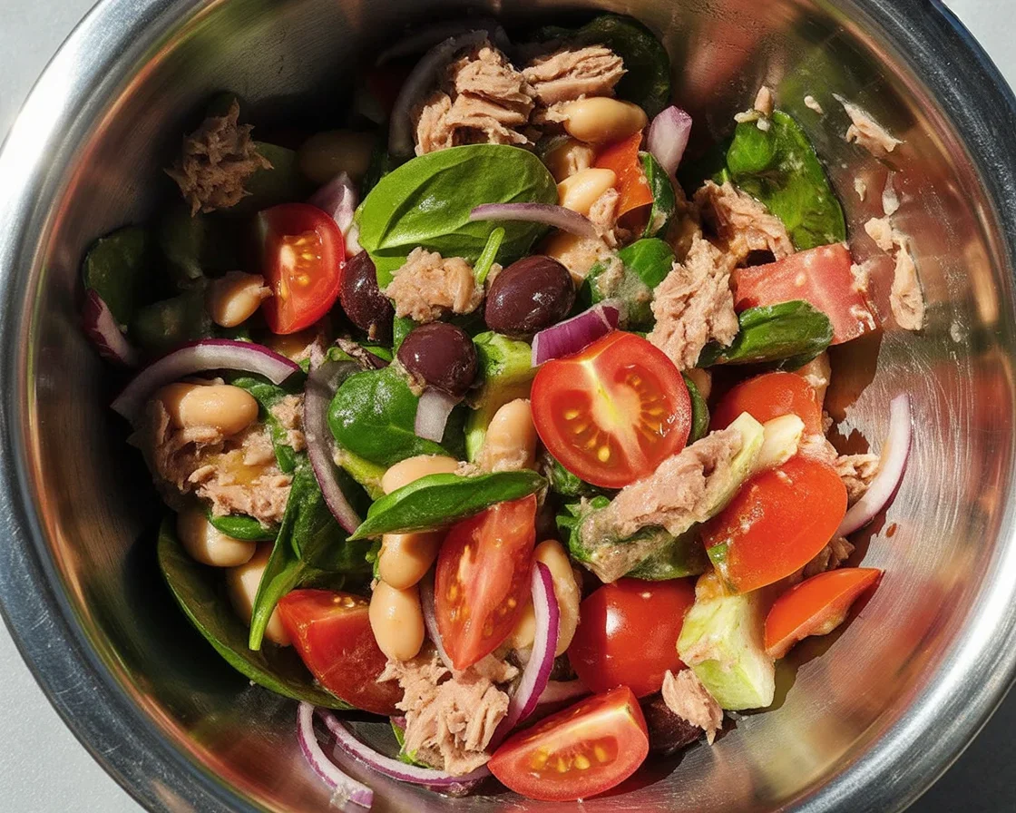 Colorful Tuna & Bean Salad with fresh vegetables and lemon vinaigrette