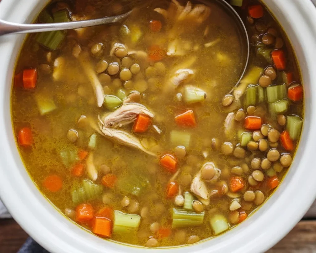 Bowl of high-protein chicken lentil soup with vegetables and shredded chicken