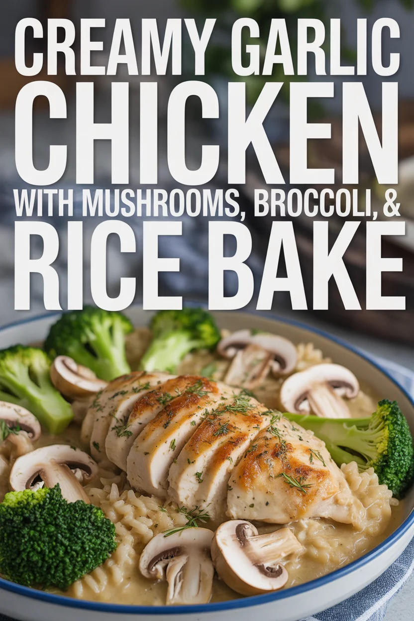 Creamy Garlic Chicken with Mushrooms, Broccoli & Rice Bake