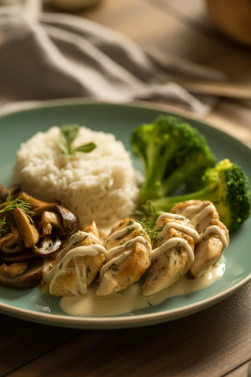 Creamy Garlic Chicken with Mushrooms, Broccoli & Rice