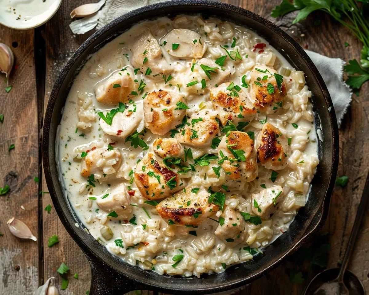 One-Pot Creamy Garlic Chicken and Rice That’s Simply Delicious!