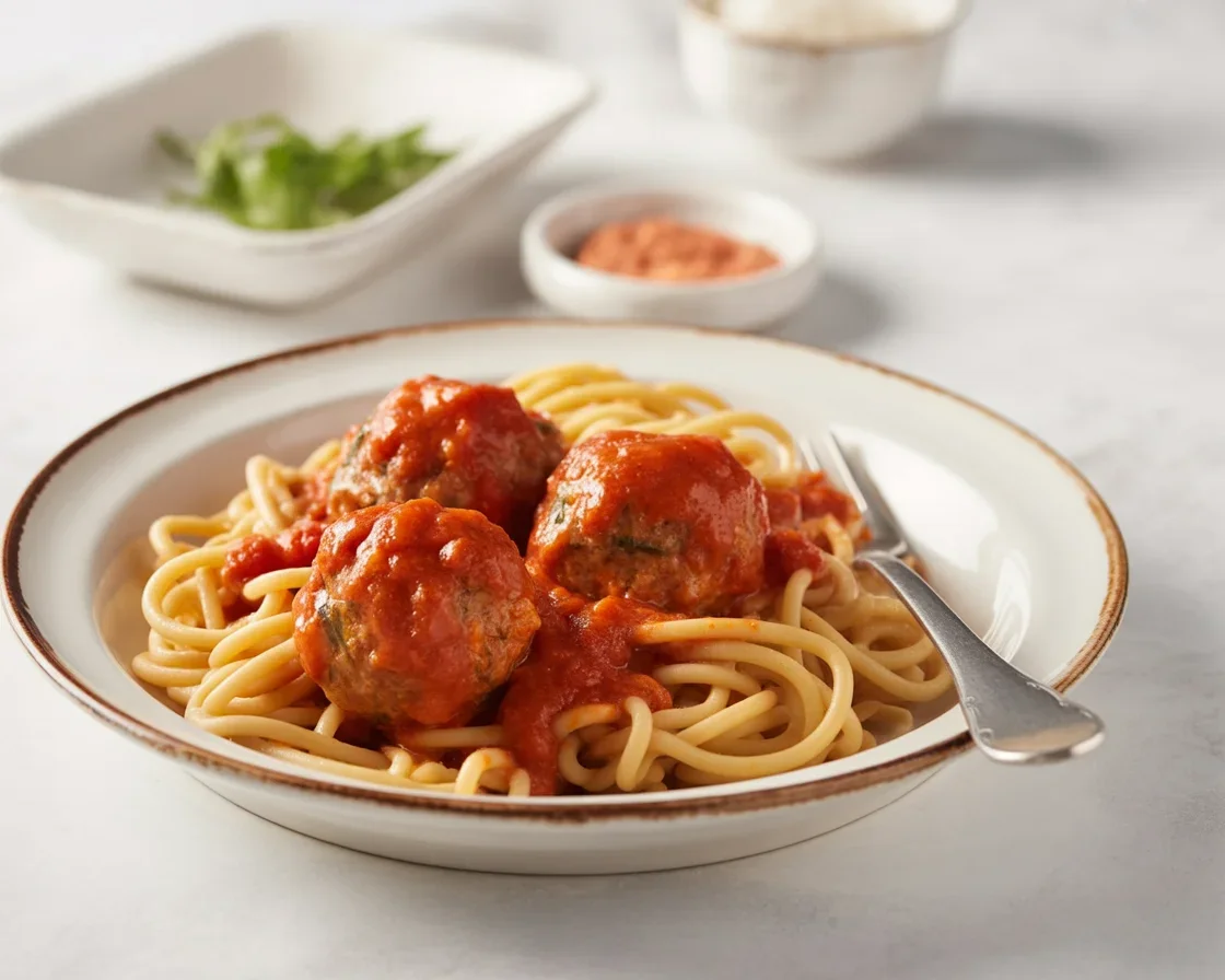 Delicious Chickpea Pasta with Turkey Meatballs, served with fresh herbs and spices.