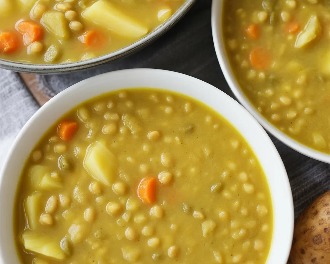 Bowl of Comforting Classic Split Pea Soup with vegetables and ham