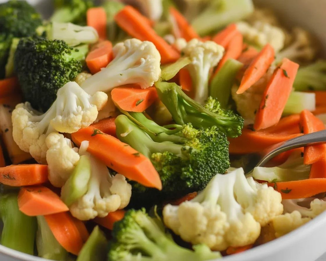 A platter of crispy air fryer vegetables seasoned with garlic and paprika.