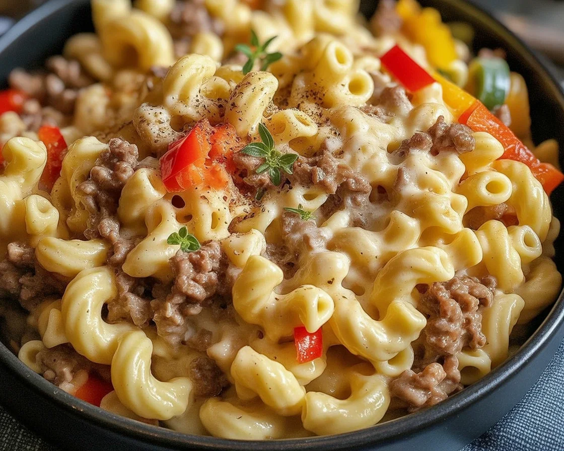 High-Protein Creamy Philly Cheesesteak Mac & Cheese in a bowl with melted cheese and steak slices.