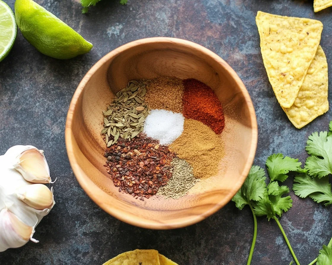 Bowl of homemade taco seasoning with spices like chili powder and cumin.