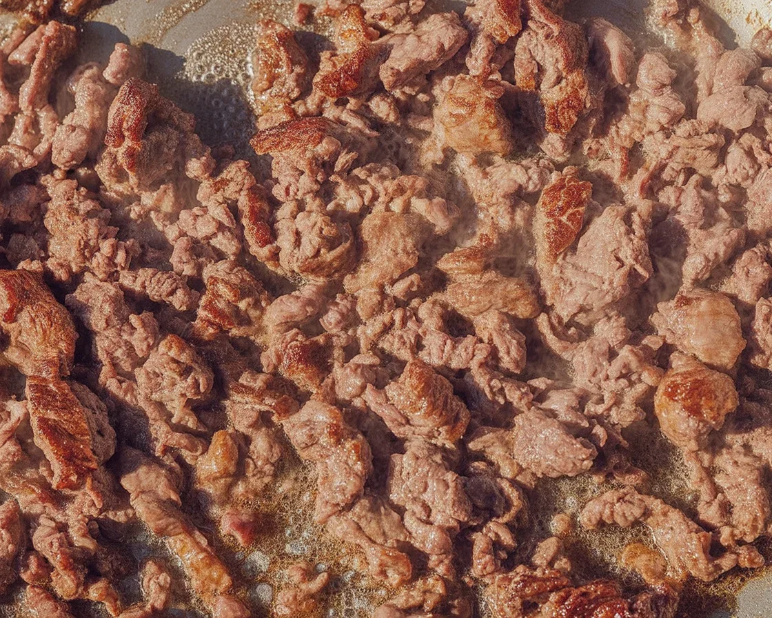 Perfectly browned ground beef in a skillet, juicy and crispy texture.