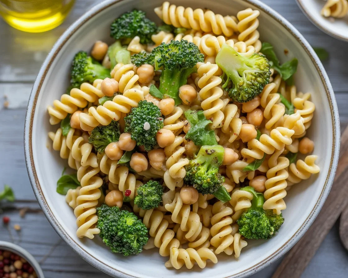 Savory Broccoli Chickpea Pasta drizzled with Garlic Olive Oil and topped with fresh herbs.