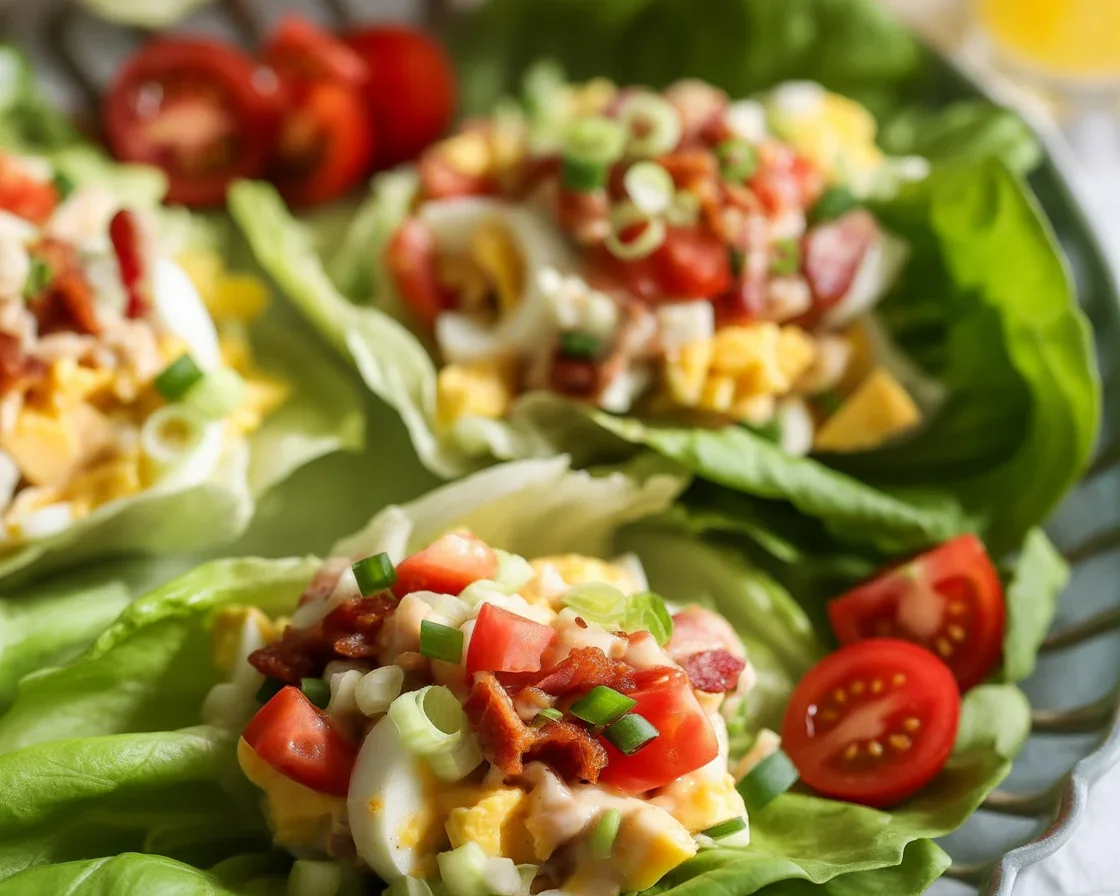 Delicious Egg Salad Lettuce Wraps with sliced vegetables and fresh herbs.