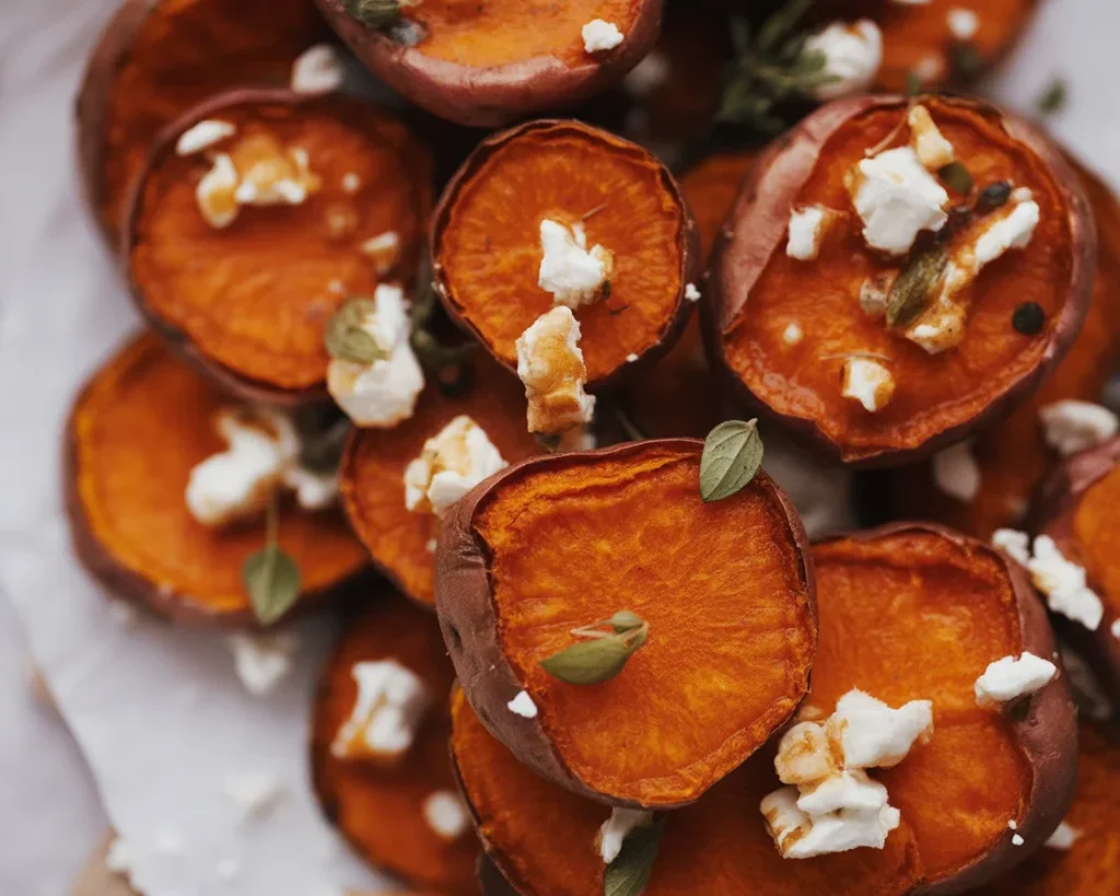 Delicious Roasted Sweet Potato Rounds with Honey and Feta cheese on a serving platter.