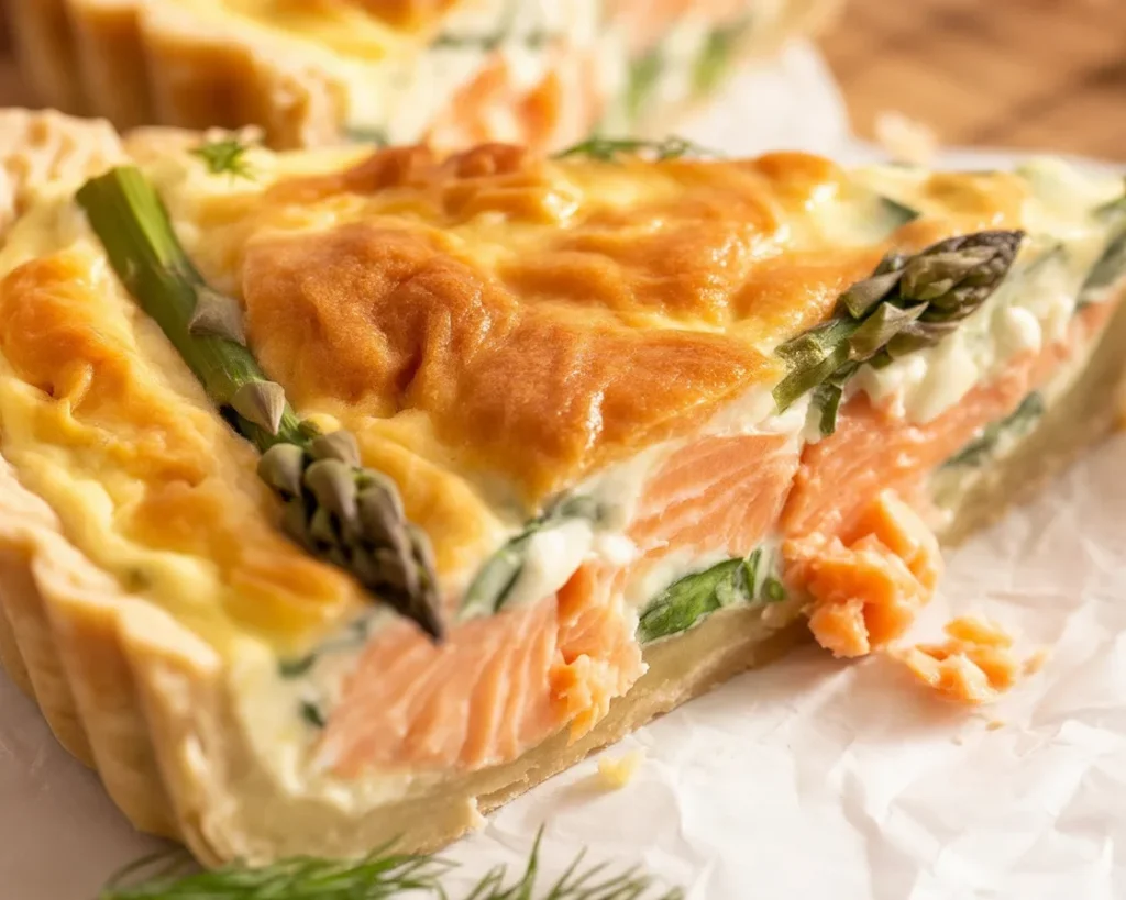 Smoked Salmon and Spinach Quiche with goat cheese in flaky pie crust.