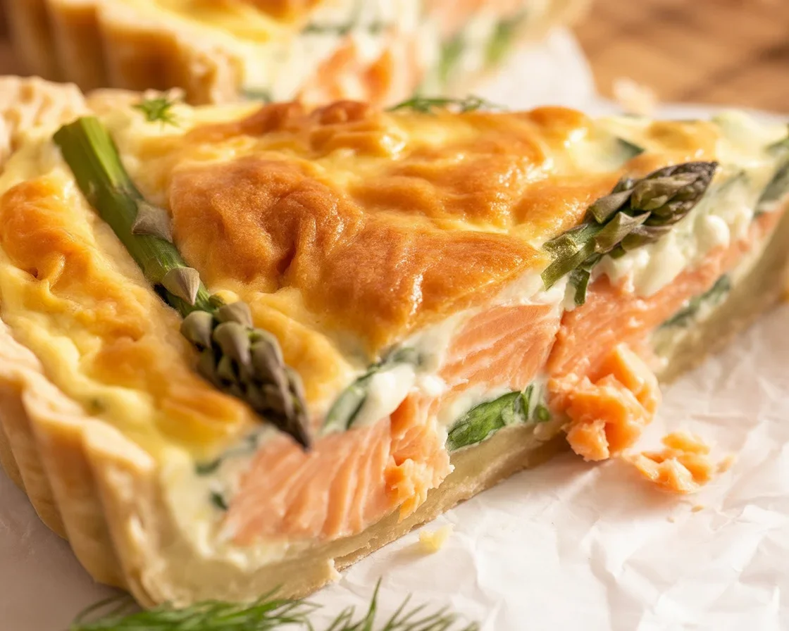 Smoked Salmon and Spinach Quiche with goat cheese in flaky pie crust.