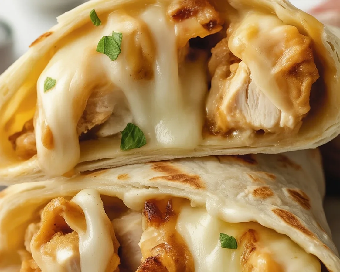 Cheesy Garlic Chicken Wraps filled with tender chicken, melted cheese, and garlic sauce.