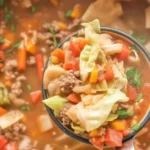 Hearty Ground Beef Cabbage Soup with vegetables in a cozy broth.