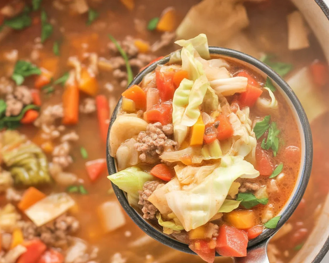 Hearty Ground Beef Cabbage Soup with vegetables in a cozy broth.