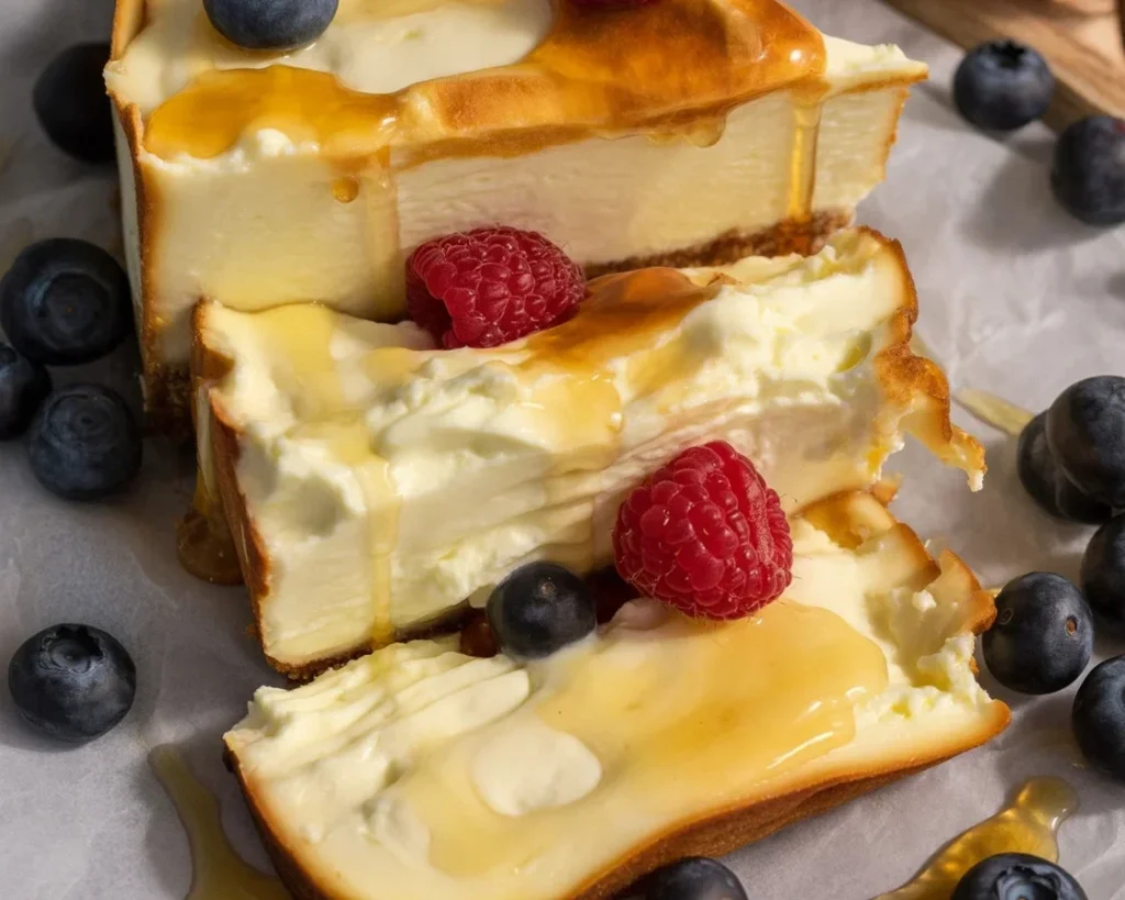 Delicious and moist Greek Yogurt Cake topped with powdered sugar and fresh berries.