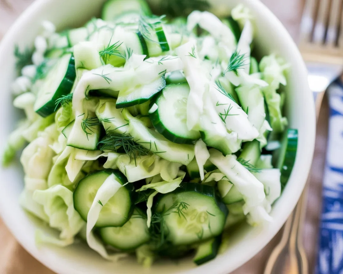 Green Cabbage Cucumber Salad with fresh herbs and dressing