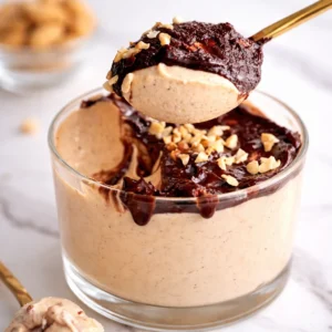 Creamy Peanut Butter Cottage Cheese Mousse topped with chocolate and peanuts
