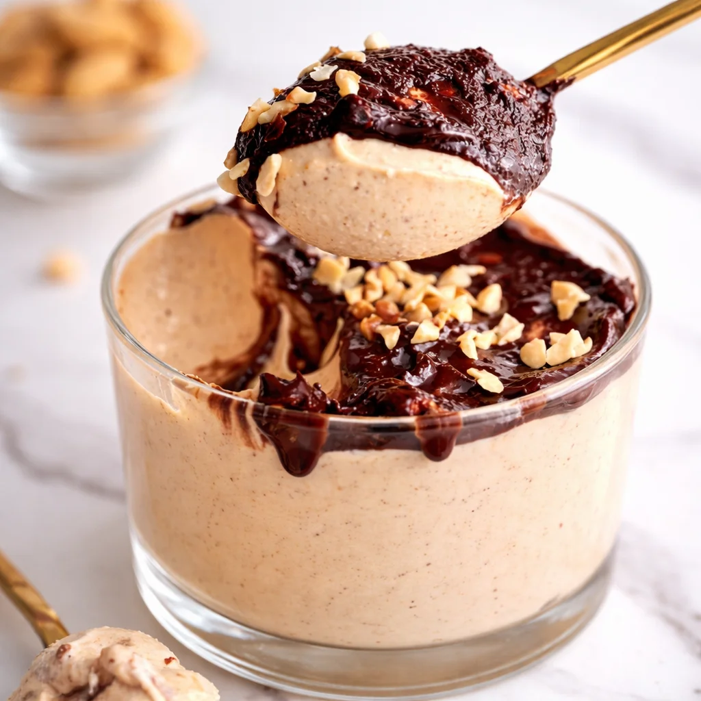 Creamy Peanut Butter Cottage Cheese Mousse topped with chocolate and peanuts
