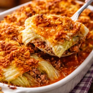 Creamy Old-Fashioned Cabbage Casserole topped with buttery cracker crumbs and cheese.