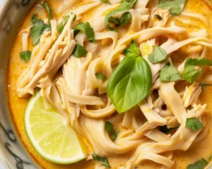 Delicious Thai Chicken Soup for Busy Nights with ginger, coconut milk, and fresh herbs.