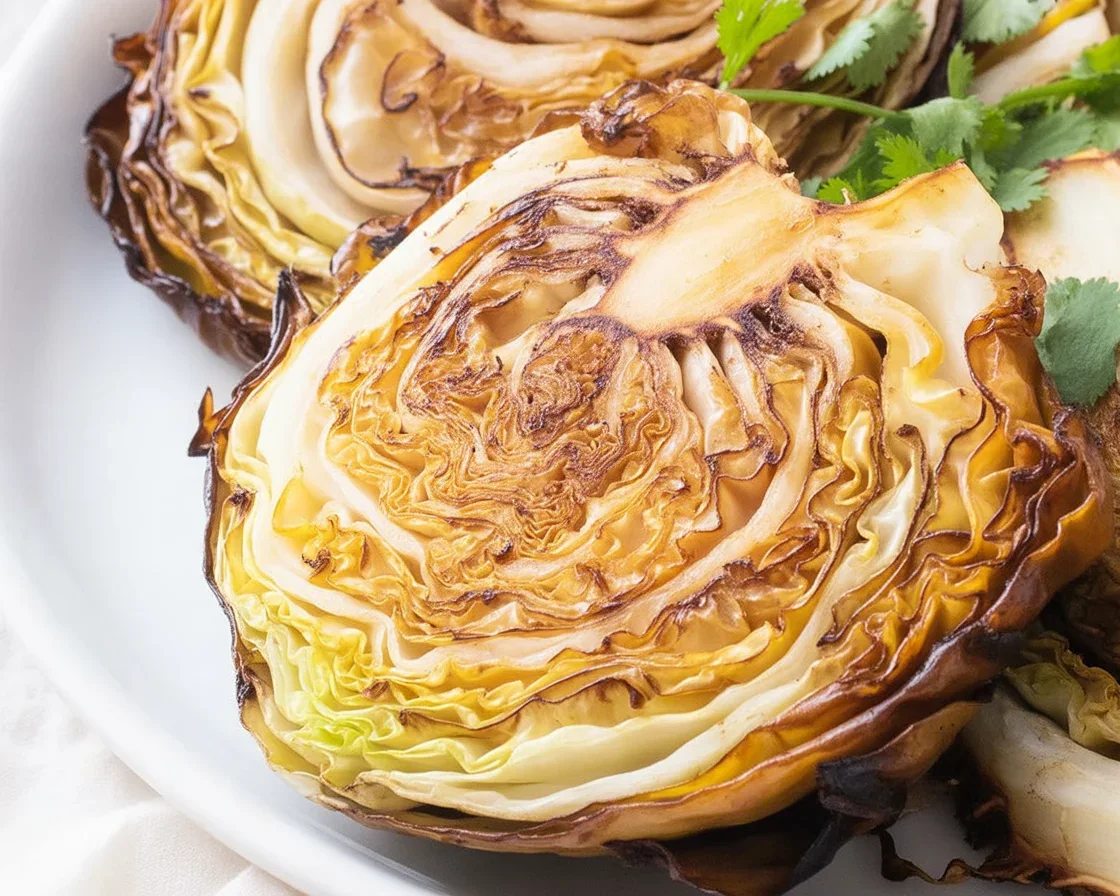 Delicious Garlic Butter Roasted Cabbage Steaks served on a plate.