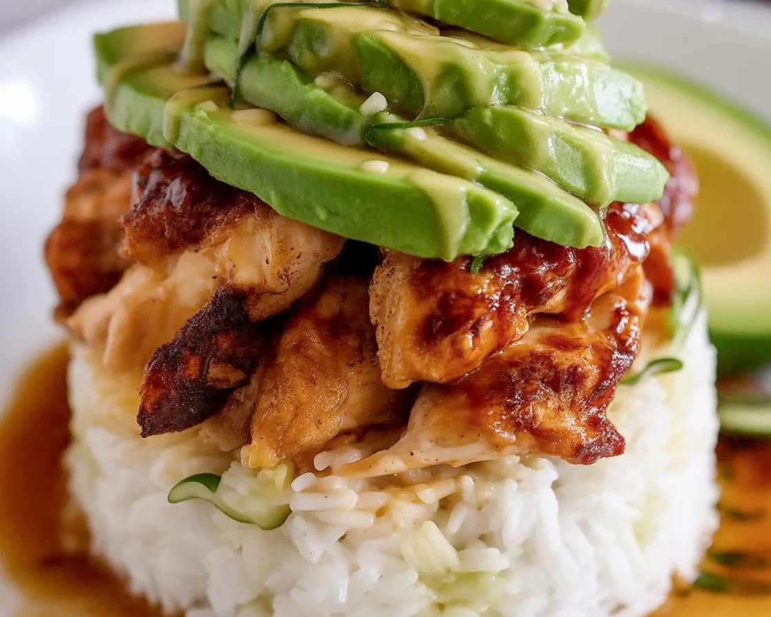 Honey Lime Chicken & Avocado Rice Stack with tender chicken and creamy avocado