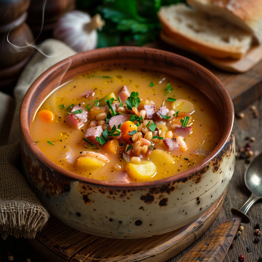Bowl of hearty Ham and Bean Soup with white beans and smoky ham.