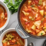 Delicious Cabbage Soup with diced tomatoes and fresh vegetables, perfect for winter meals.