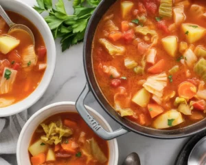 Delicious Cabbage Soup with diced tomatoes and fresh vegetables, perfect for winter meals.