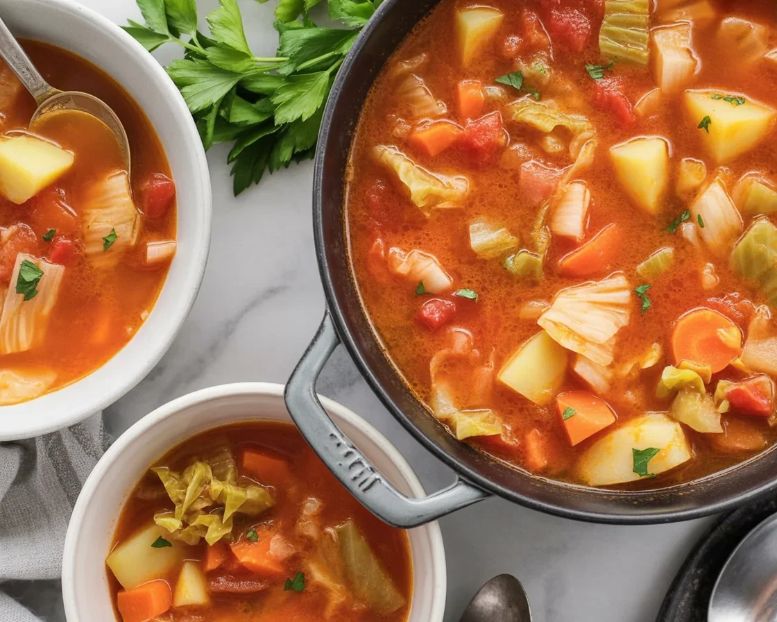 Delicious Cabbage Soup with diced tomatoes and fresh vegetables, perfect for winter meals.