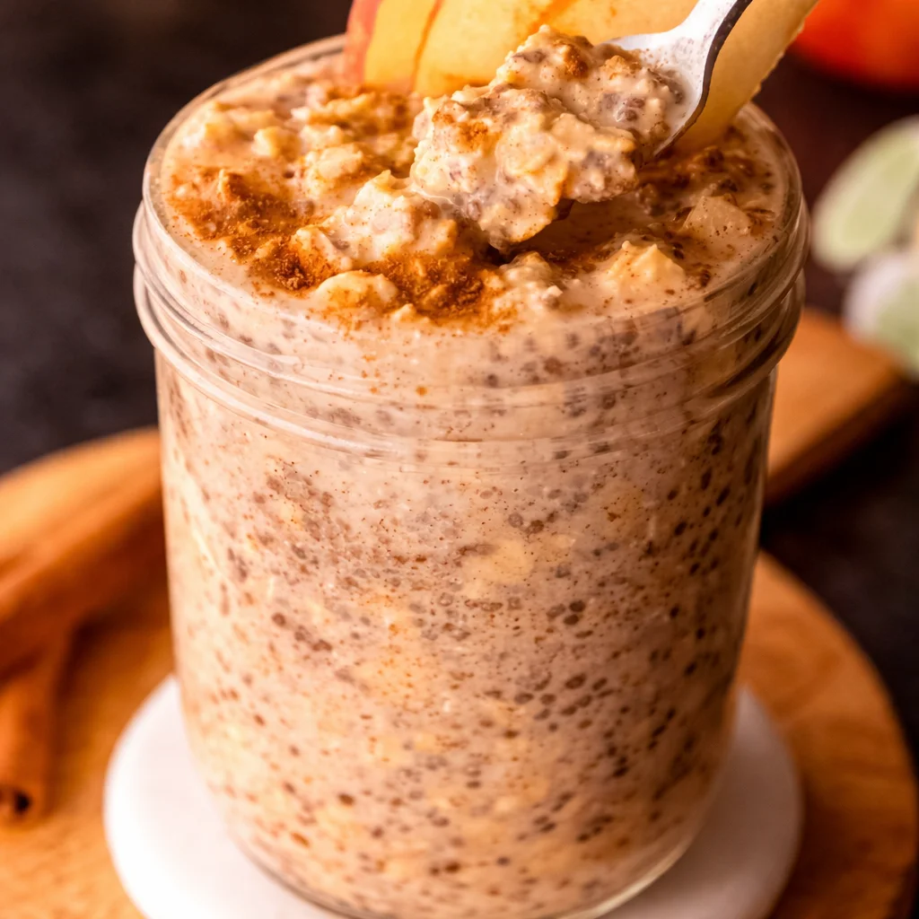 Delicious Apple Cinnamon Protein Overnight Oats topped with fresh apples and cinnamon.