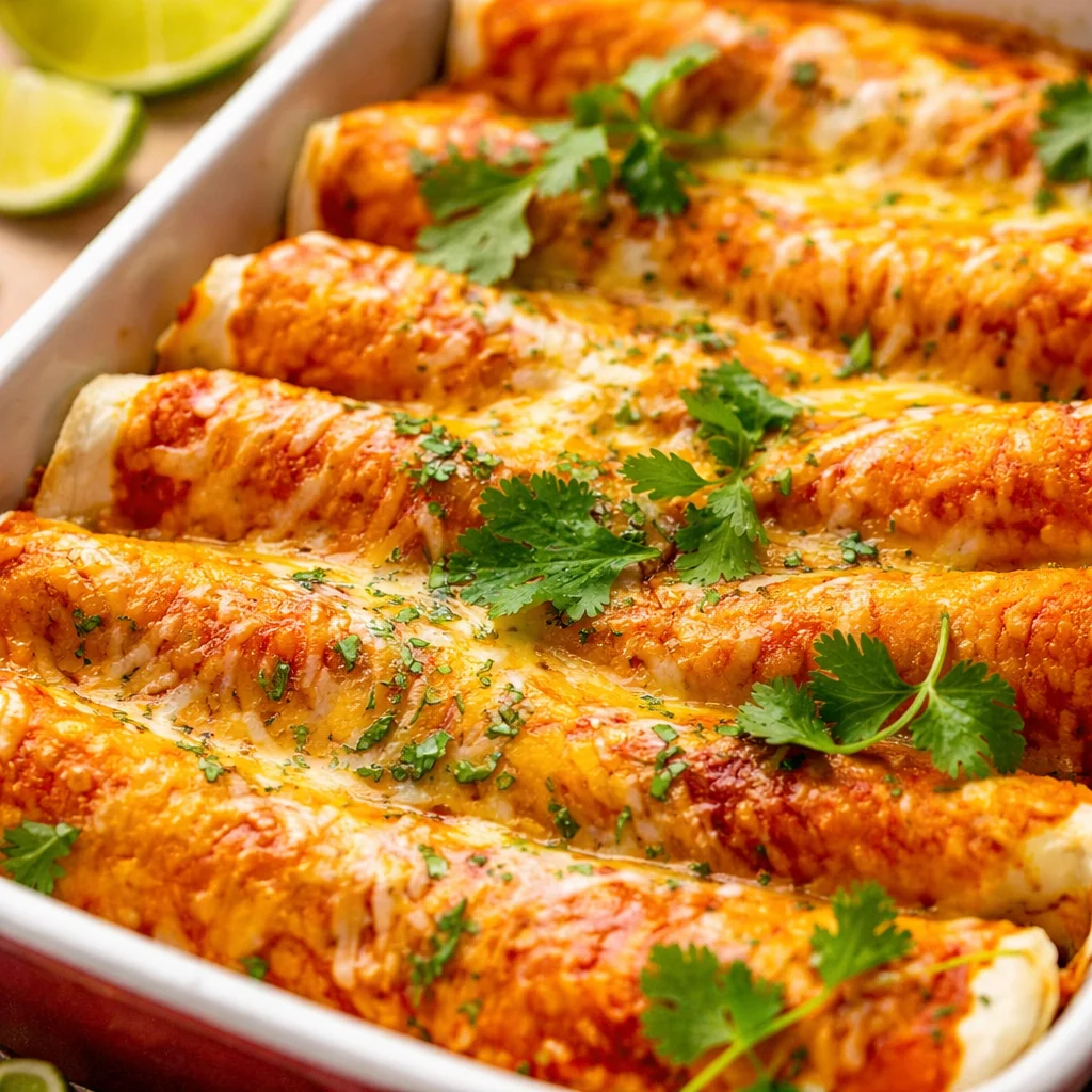 High Protein Chicken Enchiladas with creamy sauce and flavorful toppings.