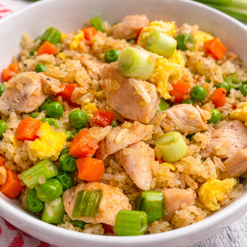 High Protein Chicken Fried Rice with chicken, vegetables, and seasonings