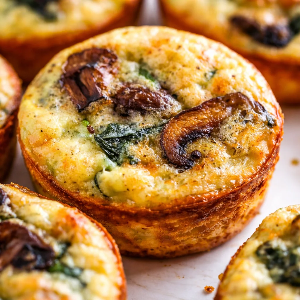 Delicious Spinach And Mushroom Quiche Muffins baked in muffin tins for a healthy breakfast option.