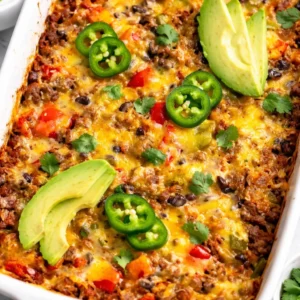 A delicious Protein-Packed Burrito Bake with beef, rice, beans, and melted cheese.