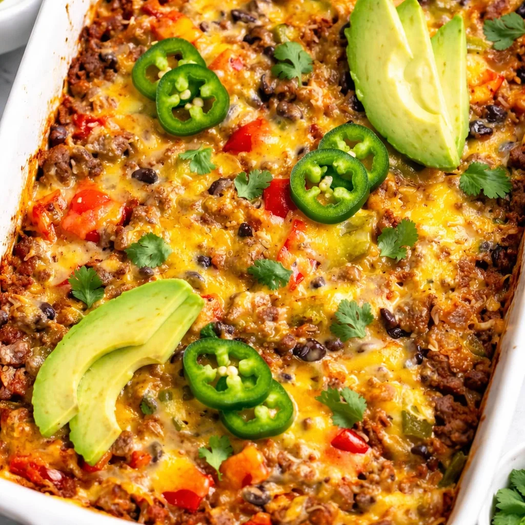 A delicious Protein-Packed Burrito Bake with beef, rice, beans, and melted cheese.
