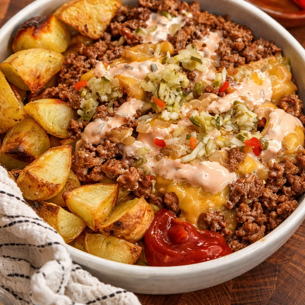 A delicious Smash Burger Bowl with fries, toppings, and special sauce in a cozy setting.