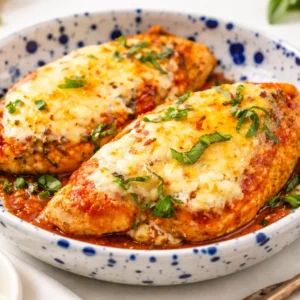 Healthy Chicken Parm Bowl with Cottage Cheese protein boost served in a dish.