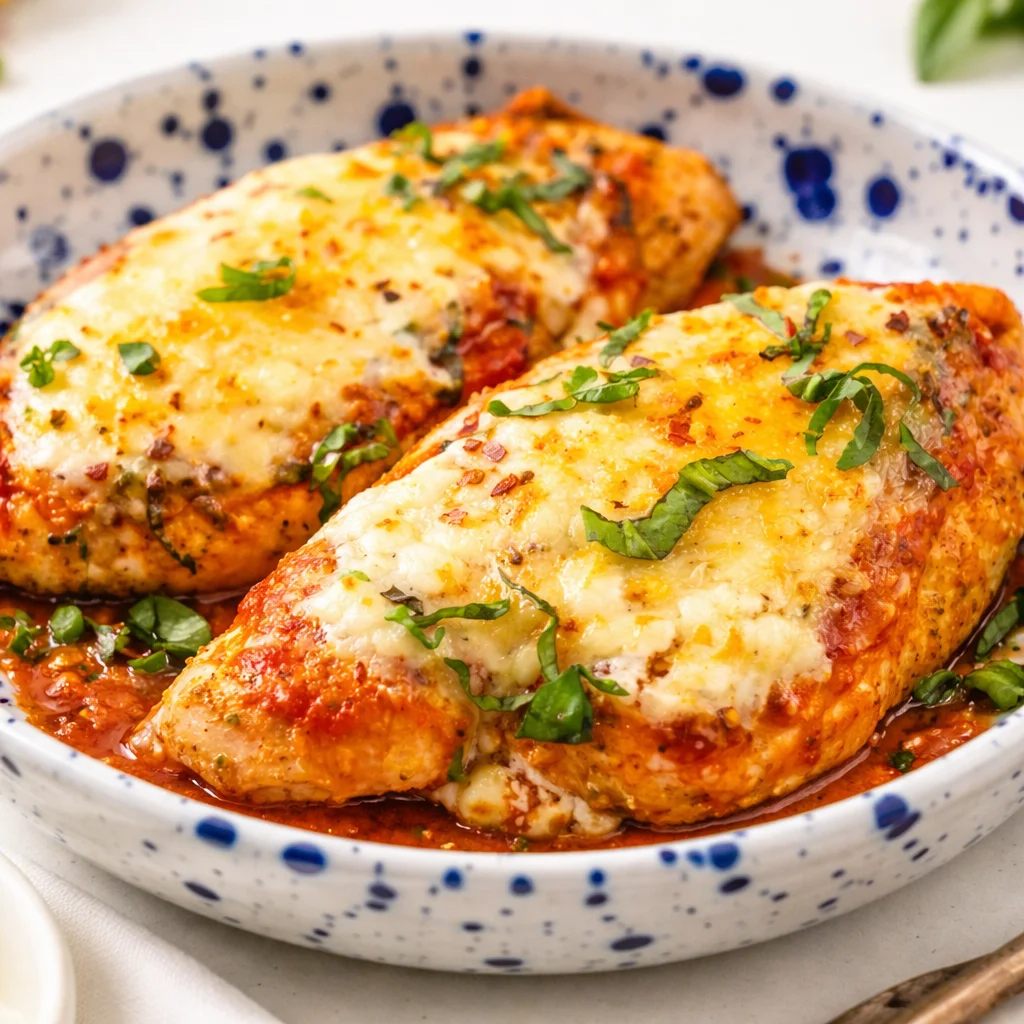 Healthy Chicken Parm Bowl with Cottage Cheese protein boost served in a dish.
