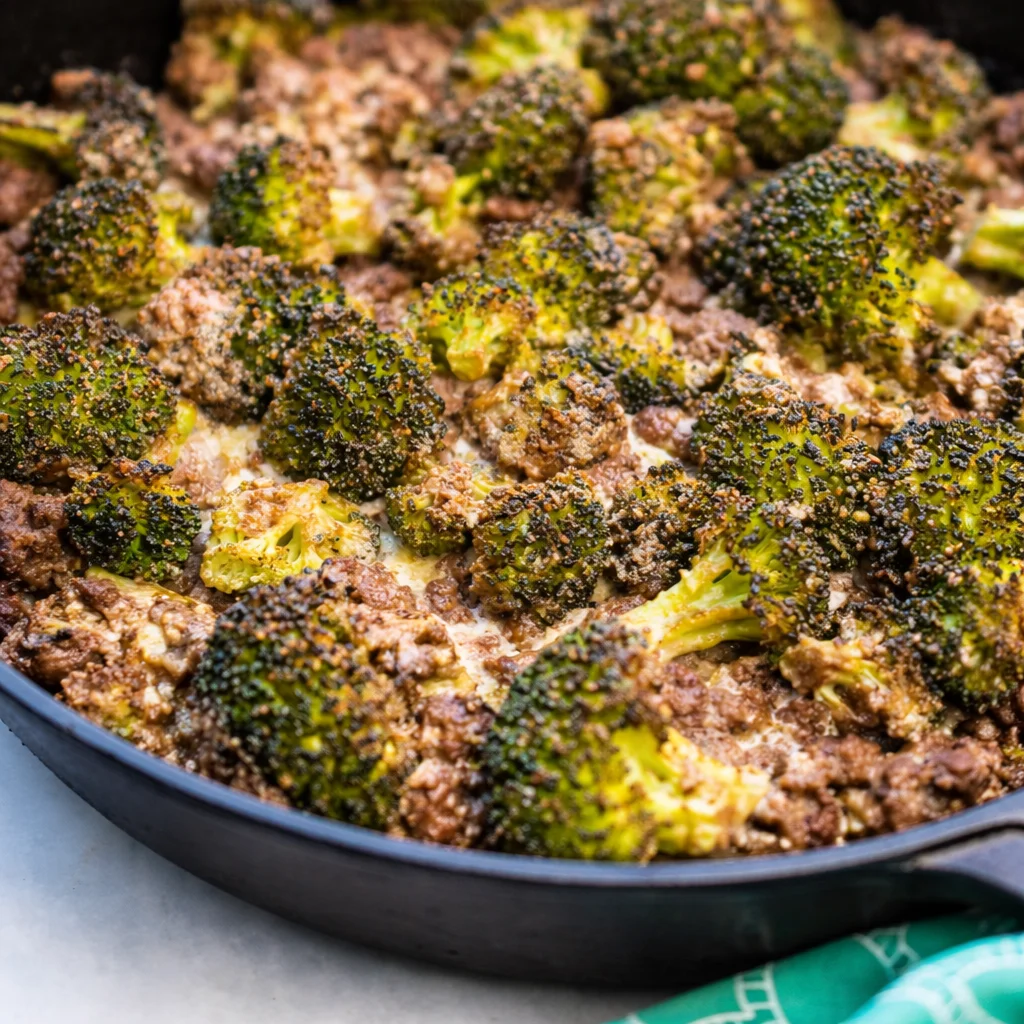 Delicious Keto Hamburger Broccoli Skillet with ground beef and broccoli in a creamy cheese sauce.
